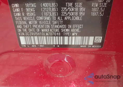 2020 Honda Hr-V 2Wd Sport z USA, uszkodzony, nr VIN 3CZRU5H10LM707648